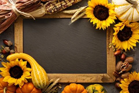 Fall chalkboard frame with pumpkins Stock Photos