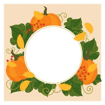 Fall circle template frame with pumpkins and autumn leaves with balnk space f Stock Illustration