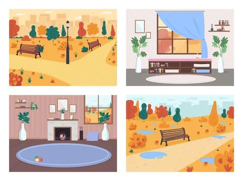 Fall in city flat color vector illustration set Stock Illustration