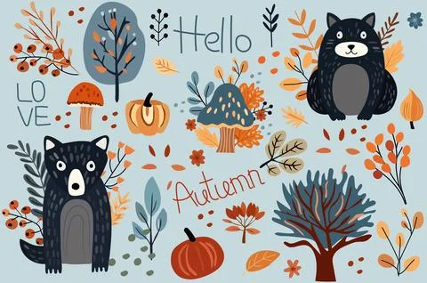 Fall collection, charming forest creatures autumn elements, cute bears, funny Stock-Illustration