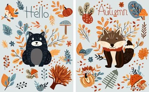 Fall collection, charming forest creatures autumn elements, cute bear, raccoon 스톡 일러스트