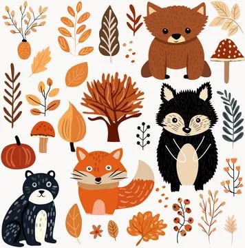 Fall collection, charming forest creatures autumn elements, adorable hedgehog Illustrazione stock