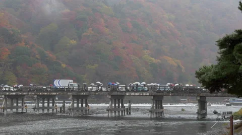 Fall Color and Moon Crossing Bridge in Arashiyama, Kyoto, Japan Stock Footage 45623997