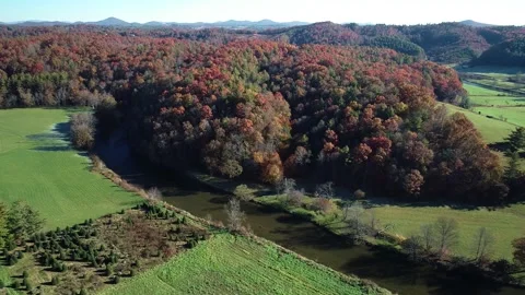 Fall Color Drone Shot over New River Stock Footage 139275243