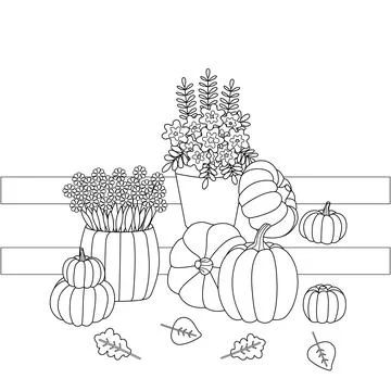 Fall coloring page with pumpkin. Black and white illustration of autumn season Stock Illustration
