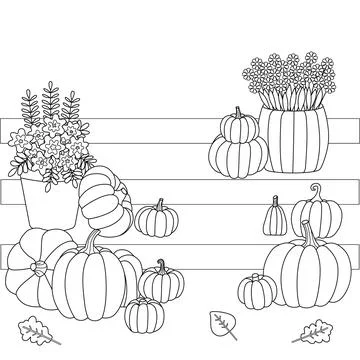Fall coloring page with pumpkin. Black and white illustration of autumn season Stock Illustration
