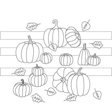 Fall coloring page with pumpkin. Black and white illustration of autumn season Stock Illustration