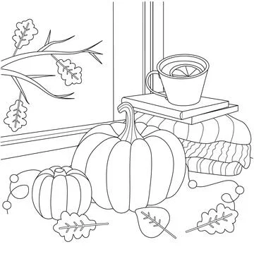 Fall coloring page with pumpkin tea on window. Illustration of autumn season Stock Illustration