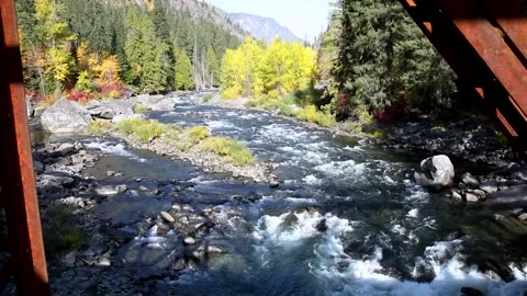 Fall colors on Wenatchee river, tumwater canyon by Leavenworth, Washington. Stock Footage