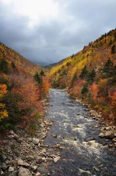 Fall colours on the Mackenzie River, Cabot Trail, Cape Breton, Nova Scotia. Stock Photos