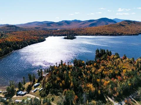 Fall Colours in the White Face Mountain ski resort and lake. Color Change, Stock Photos