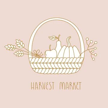 Fall composition with flowers, fapple, baskets, pumpkin for harvest festival Stock Illustration