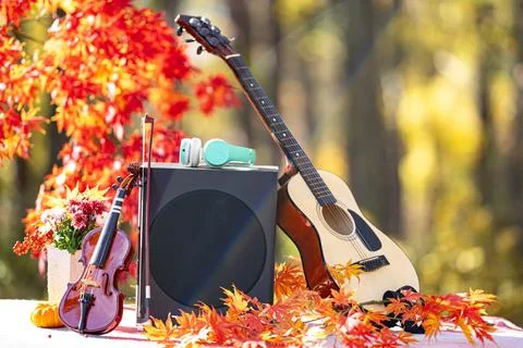 Fall Composition with guitar and violin. Creative composition includes audio Stock Photos