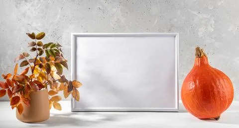 Fall composition with orange pumpkin, empty white frame and color leaves on.. Stock Photos