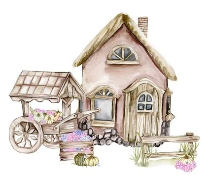 Fall composition with pink hydrangea ,pumpkins and farm house. For cards, b.. Illustrazione stock