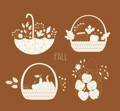 Fall composition set with flowers, fruits, baskets, pumpkin for harvest festival Stock Illustration