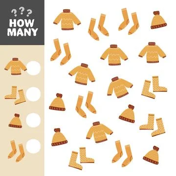 Fall counting game with warm clothes. Math activity for preschool children. Illustrazione stock