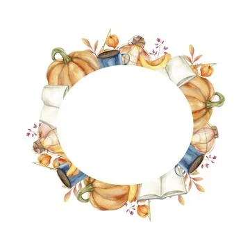 Fall cozy frame with blue tea cup, orange pumpkin, book, lamp and leaves. F.. Stock Illustration