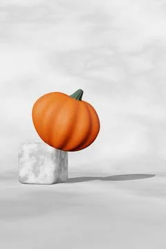 Fall creative concept pumpkin marble podium scene 3D render. Halloween Thanks Stock Illustration