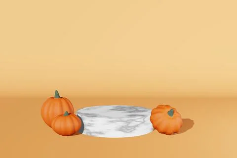 Fall creative concept pumpkin marble podium scene 3D render. Halloween Thanks Stock Illustration