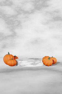 Fall creative concept pumpkin marble podium scene 3D render. Halloween Thanks Stock Illustration
