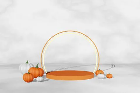 Fall creative concept pumpkin marble podium scene 3D render. Halloween Thanks Stock Illustration