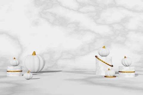 Fall creative concept white pumpkins marble podium golden rings scene 3D rend Stock Illustration
