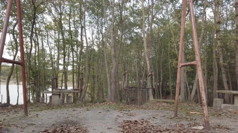 Fall dark forest, playground in clearing. Old rusty metal swing swaying in wind Stock Footage 142393195
