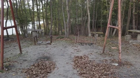 Fall dark forest, playground in clearing. Old rusty metal swing swaying in wind Stock Footage 142393198