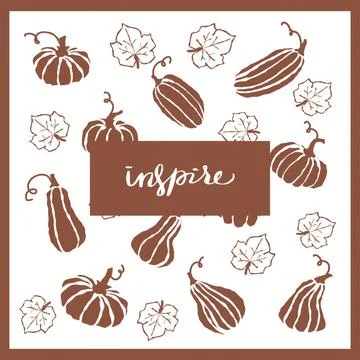 Fall decorations featuring a variety of pumpkins and gourds surrounded by autumn Stock Illustration