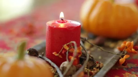 Fall Decorations, Light Candle CU Stock Footage 12289146