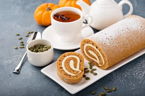 Fall dessert pumpkin roll with cream cheese Stock Photos
