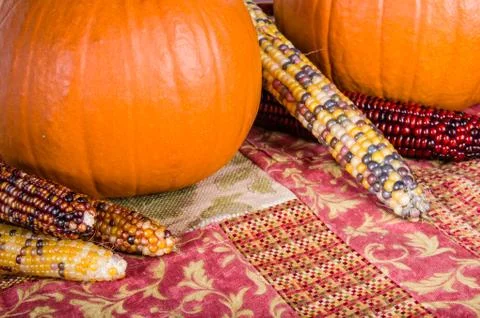 Fall display of orange pumpkins and corn Stock Photos