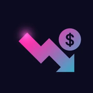 Fall down economic arrow with dollar sign financial crisis glowing neon icon  イラスト素材