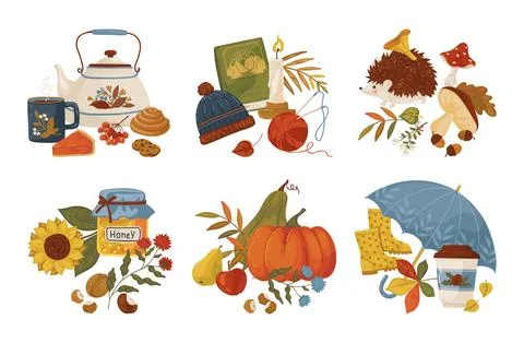 Fall elements. Autumn stickers collection, coffee and pumpkin cozy print or cute 스톡 일러스트