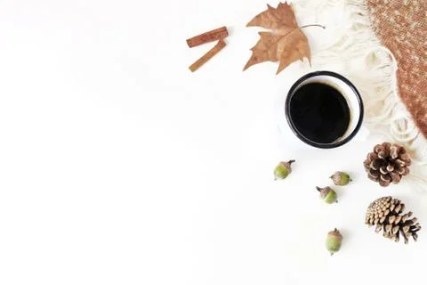Fall feminine styled composition. Breakfast scene with enamel mug, coffee, dried Fotos Stock