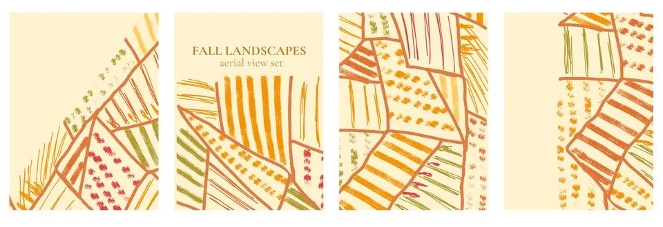 Fall field template set in orange and beige with yellow crop rows. Rough crayon Stock Illustration