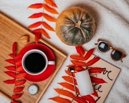 Fall flatlay with coffee Foto stock