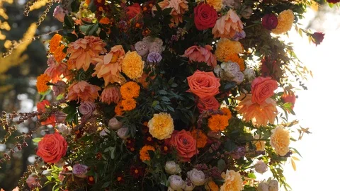 Fall flowers wedding arch with sun peeking through the background 库存影片 104449893