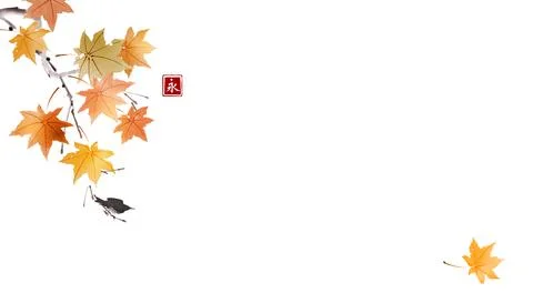 Fall foliage and black bird sitting on tree branch. Traditional oriental ink Illustrazione stock