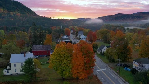 Fall Foliage Androscoggin River sunrise mist rise truck Stock Footage 119191230