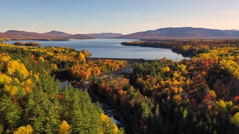 Fall Foliage Dead River long dam approach Stock Footage 118995098