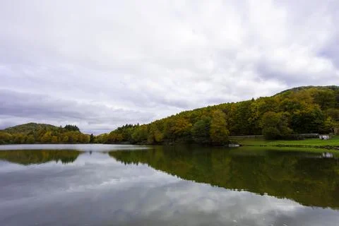 Fall foliage forest reflecting in the still surface of lake water, Beautifu.. Stock Photos