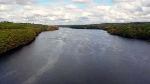 Fall Foliage Kennebec River high flyover wide Stock Footage 119294944