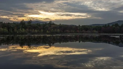 Fall Foliage Mountain Lake Reflection, Fryeburg, ME, Sunset Time Lapse Stock Footage 85328119
