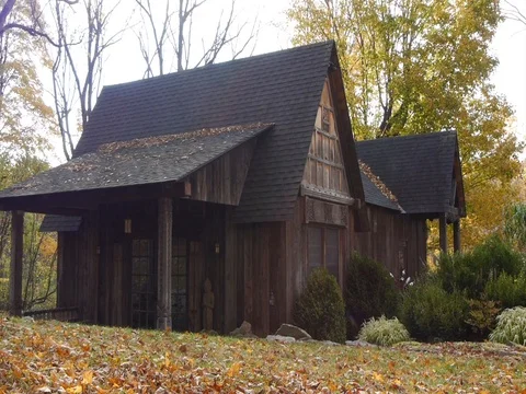 FALL FOOTAGE OF SIDE PROFILE OF ASIAN STYLE WOOD HOUSE Stock Footage 76161589