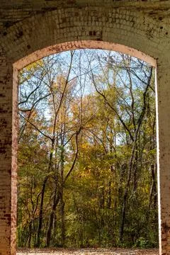 Fall forest seen through arched brick window frame of abandoned factory Stock Photos