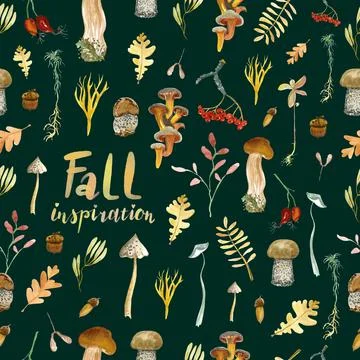 The fall forest watercolour hand drawn seamless pattern Stock Illustration