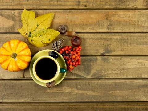Fall harvest background flat lay featuring fresh red berries, golden leaves.. Foto stock