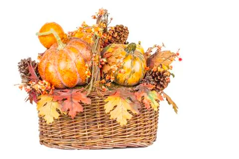 Fall harvest basket isolated Stock Photos
